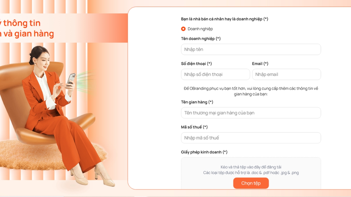 Form điền thông tin doanh nghiệp, mã số thuế và tên gian hàng khi đăng ký Nhà Bán trên OBranding