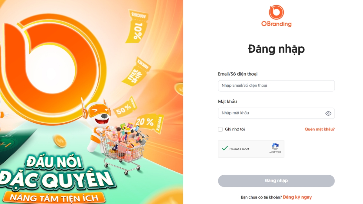 Giao diện form đăng nhập tài khoản nhà bán OBranding bằng email hoặc số điện thoại
