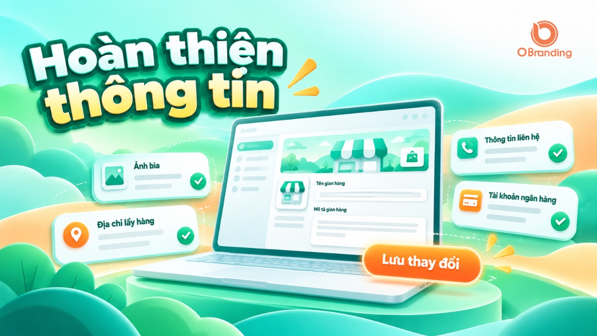 Giao diện cập nhật thông tin gian hàng bao gồm tên shop mô tả ảnh bìa địa chỉ và tài khoản ngân hàng trên OBranding
