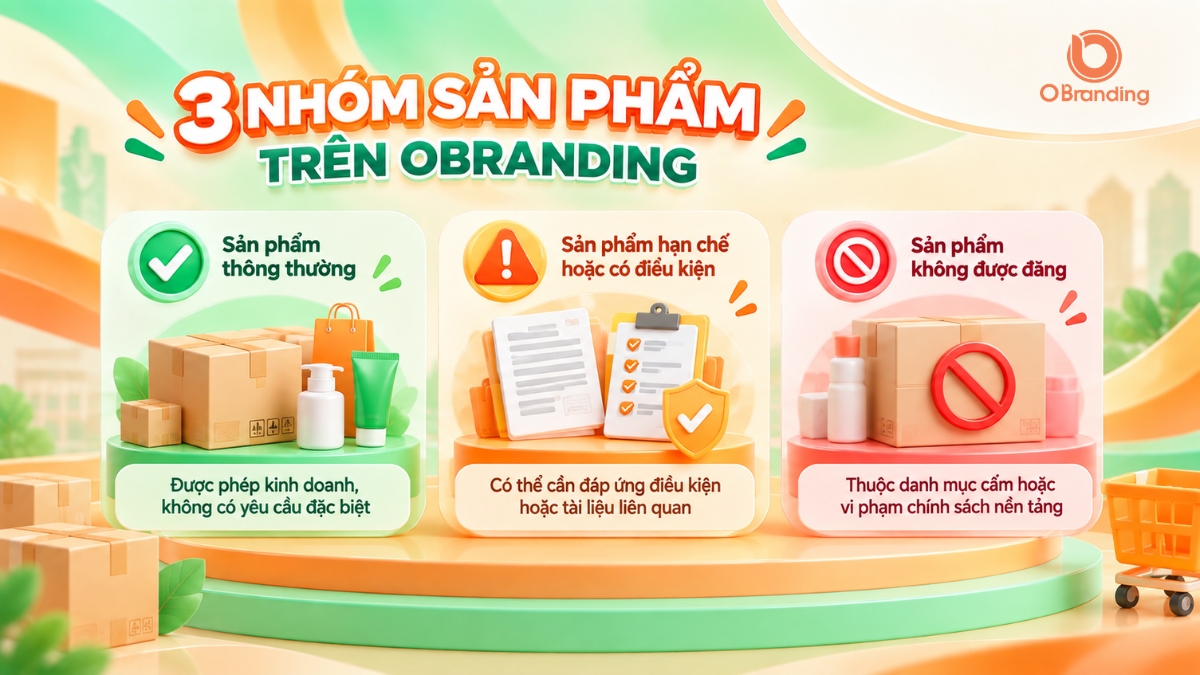 Infographic phân loại 3 nhóm sản phẩm kinh doanh trên sàn thương mại điện tử OBranding
