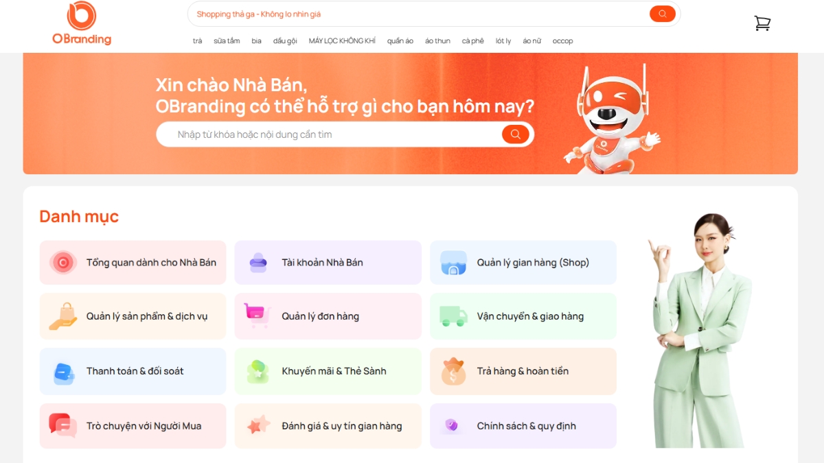 Giao diện trang chủ Trung tâm hỗ trợ Seller Care OBranding với các danh mục hướng dẫn cho Nhà bán