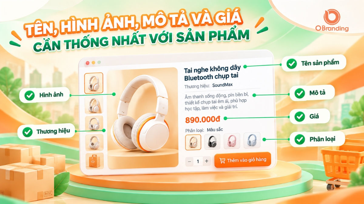 Màn hình minh họa các trường thông tin tên, hình ảnh, mô tả và giá cần thống nhất khi đăng sản phẩm