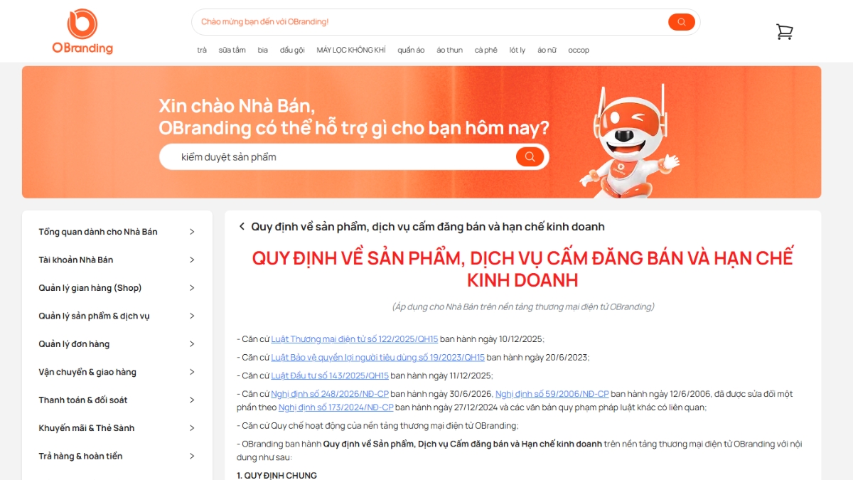 Màn hình tra cứu quy định kiểm duyệt và sản phẩm cấm đăng bán trên Seller Care OBranding